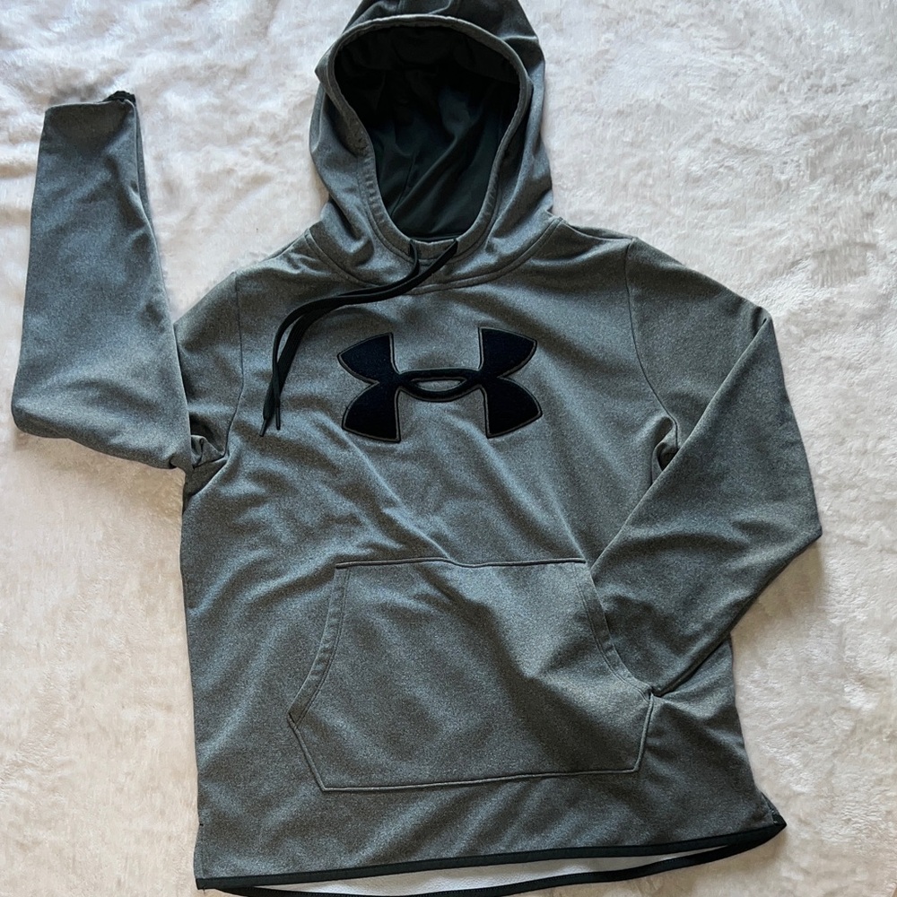 Under Armour Fleece Hoodie SS Pullover Gray Black Logo Women's Loose Fit SZ L